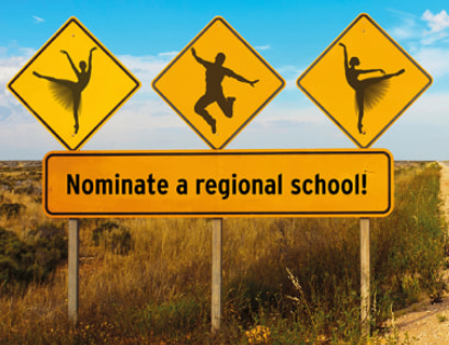 Road signs with dancing figures and a message to nominate a regional school, set against an open field.