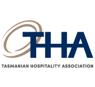 Logo of the Tasmanian Hospitality Association with 'THA' in bold blue letters and a brown swirl design.