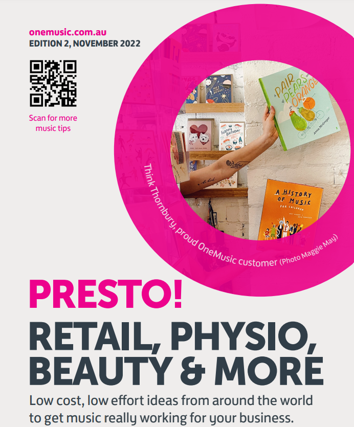Magazine cover titled 'PRESTO! RETAIL, PHYSIO, BEAUTY & MORE' with a QR code and circular image of a book being placed on a shelf.
