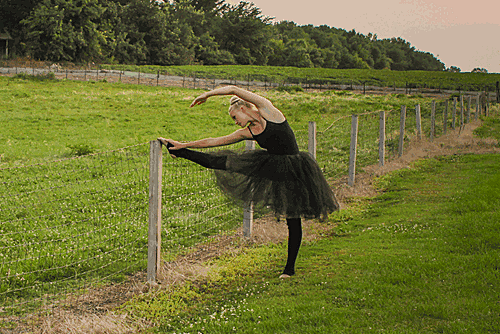Person in a black ballet outfit stretching with one leg on a fence post in a grassy outdoor area, with trees and fencing in the background.