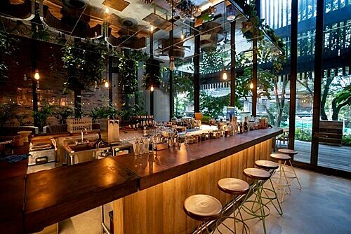 Modern bar with a wooden counter, stools, hanging lights, and greenery visible through large windows.