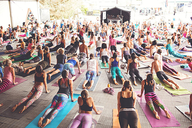 Group of people in a yoga class performing a pose on mats in a naturally lit space.