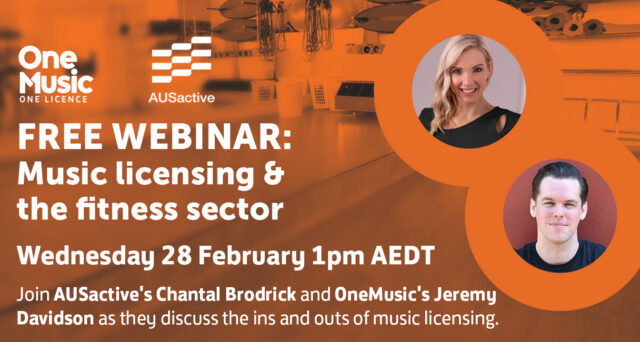 Advertisement for a free webinar on music licensing in the fitness sector, scheduled for Wednesday 28 February at 1pm AEDT.
