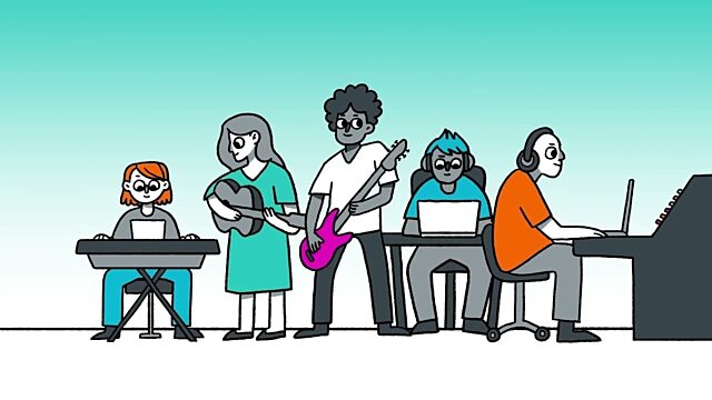 Cartoon depiction of Five people engaged in music-making. From left to right: one plays a keyboard, another holds an acoustic guitar, a third holds an electric guitar, the fourth uses a laptop with headphones, and the fifth operates a laptop connected to a mixing console or synthesizer.