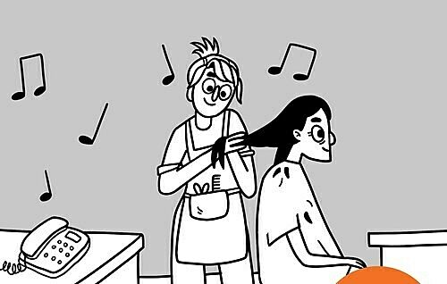 Cartoon depiction of a hair salon with music playing in the background